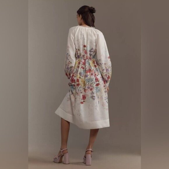 NWT Size M - Let Me Be Long-Sleeve V-Neck Floral A-Line Midi Dress - Picture 3 of 16